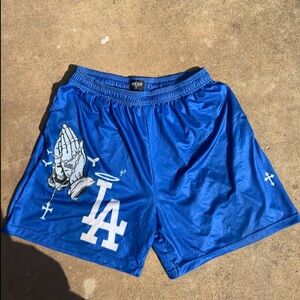 Asap culture gym shorts blue dodger shorts with praying hands.